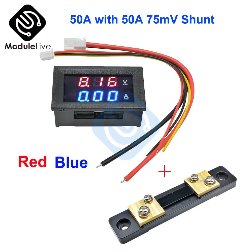 DC 100V 50A Voltmeter Ammeter Blue+Red LED Amp Dual Digital Volt Amp Meter Gauge+50A75mV FL-2 50A Shunt Voltmeter Car Module