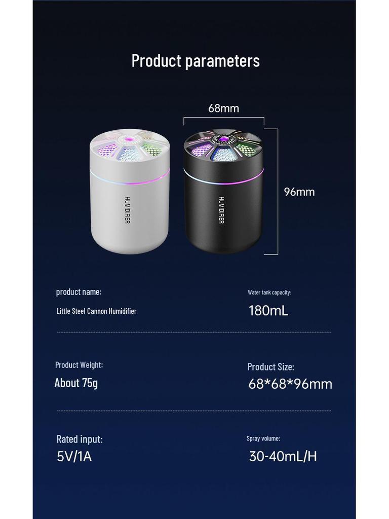 Creative USB Mini Steel Cannon Humidifier with Colorful Lighting and Large Mist Volume for Desktop and Car Use