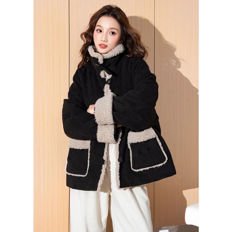 

TonLion 2024 Women s Corduroy Spliced Stand Collar Short Jacket L