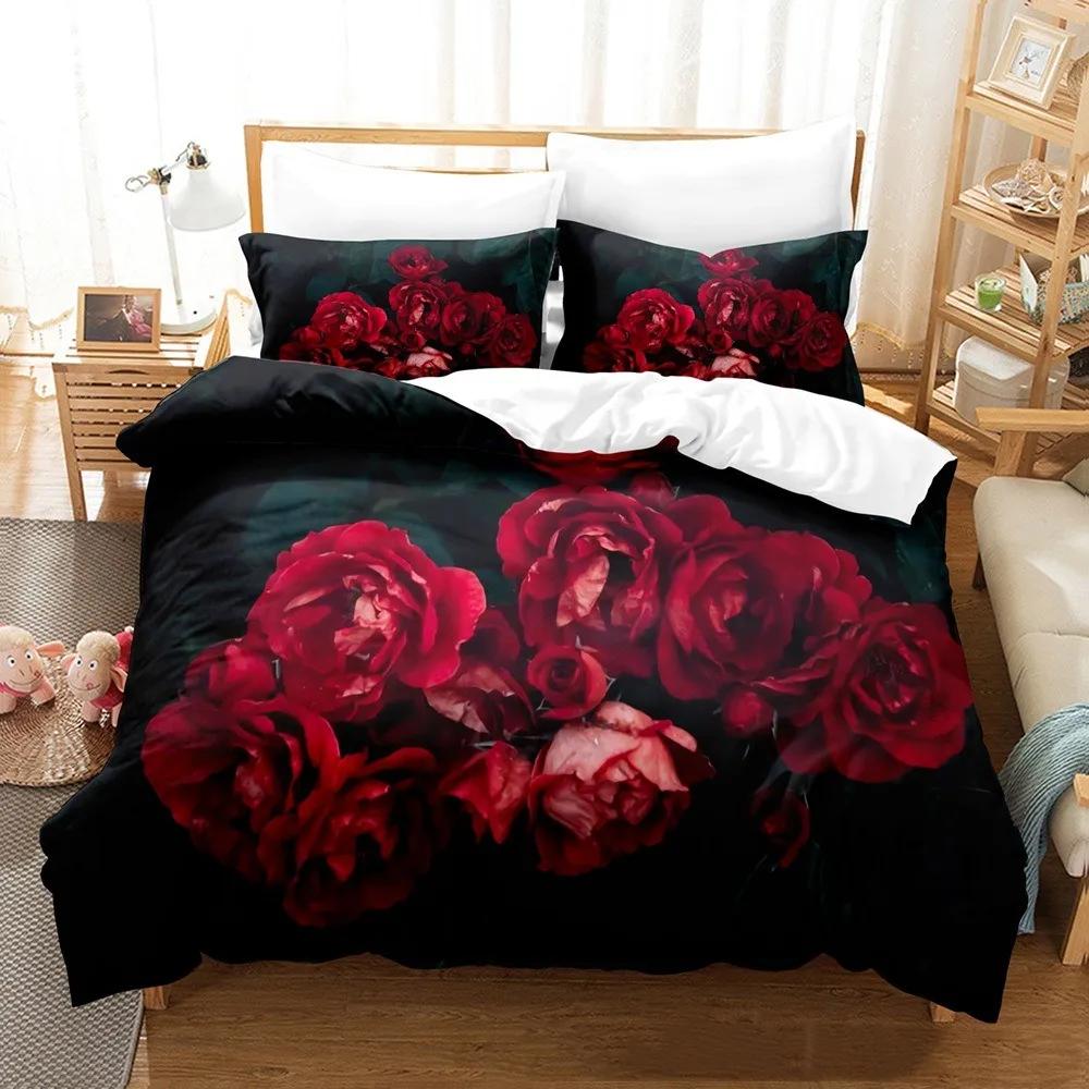 3D Red Rose Valentine's Day Gift Soft Duvet Cover Set Featuring Pilowcases Mary Warm Comforter Beding Sets for Weding Double Bed Linen Set Young Girls