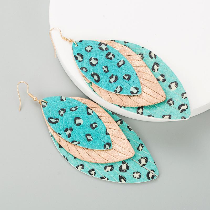 Women Leopard Print Drop Earrings Titanium Steel Leaf Shape Multi-layer PU Leather Bohemia Ear Ornaments