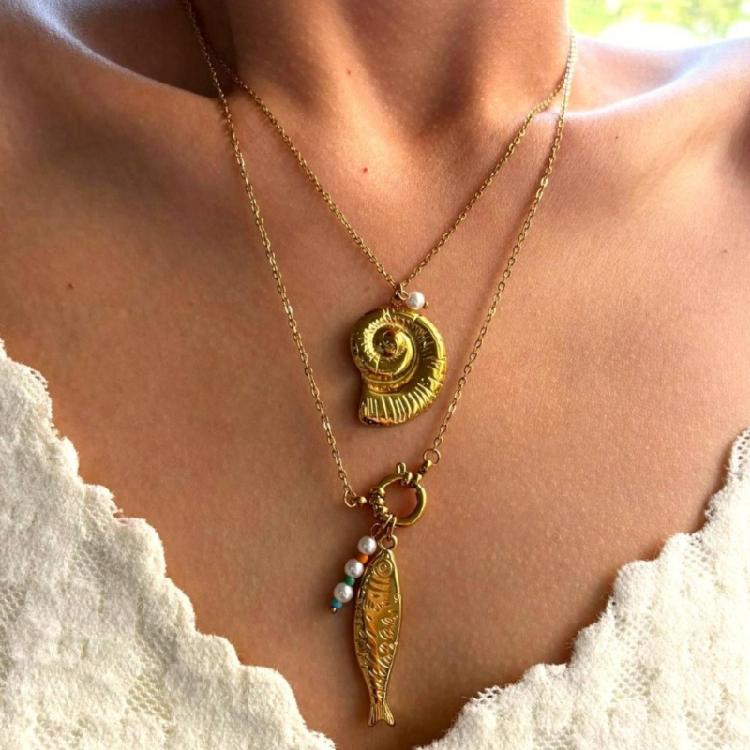 Stackable Beach Necklace Stainless Steel Conch/Fish Pendant Neckchain Jewelry For Women Everyday Wear
