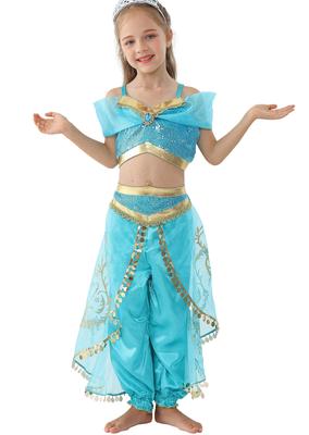 [Dressy Daisy] Toddler Girl Jasmine Costume Cosplay Kids Skirt Princess Aladdin Dress Halloween Costume Blue Size 5-6 Years 115