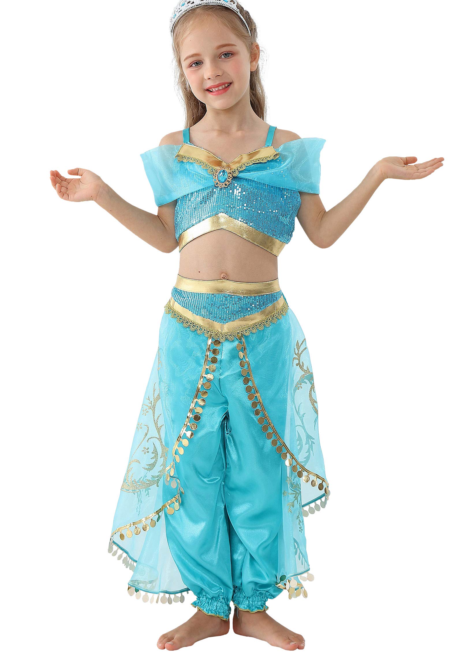 

[Dressy Daisy] Toddler Girl Jasmine Costume Cosplay Kids Skirt Princess Aladdin Dress Halloween Costume Blue Size 5-6 years 115