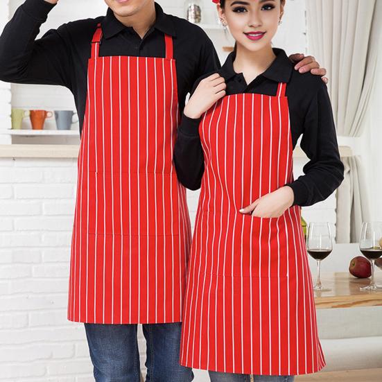 Waterproof Cleaning Bib Apron Stripe Design Adjustable Polyester Cotten Apron with Tool Pockets for Men Women Oil Stain Resistant Chef Apron
