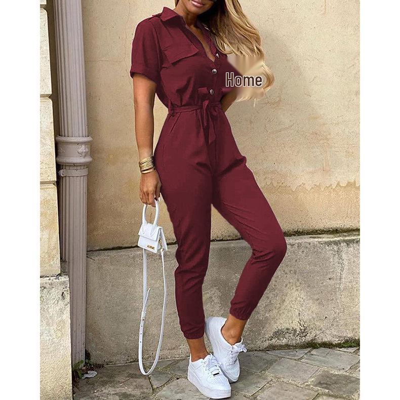2026 Women s Casual Lapel Button-Up Printed Jumpsuit with Waist Belt S