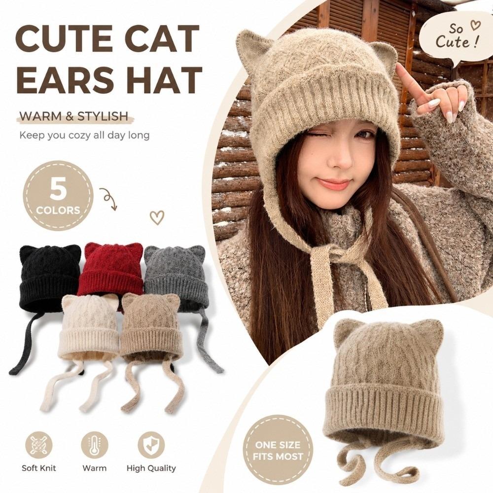 Windproof Cat Ear Knit Hat 3D Cat Ear Head Cover Korean Style Soft Beanie Walking