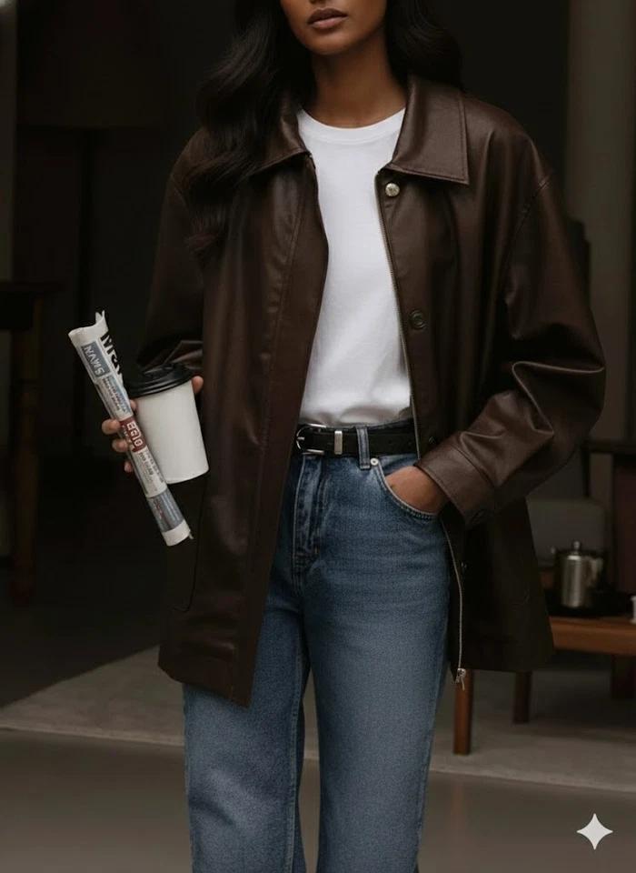 Genuine Lambskin Leather Oversized Fit Dark Brown Women's Casual Jacket Handmade