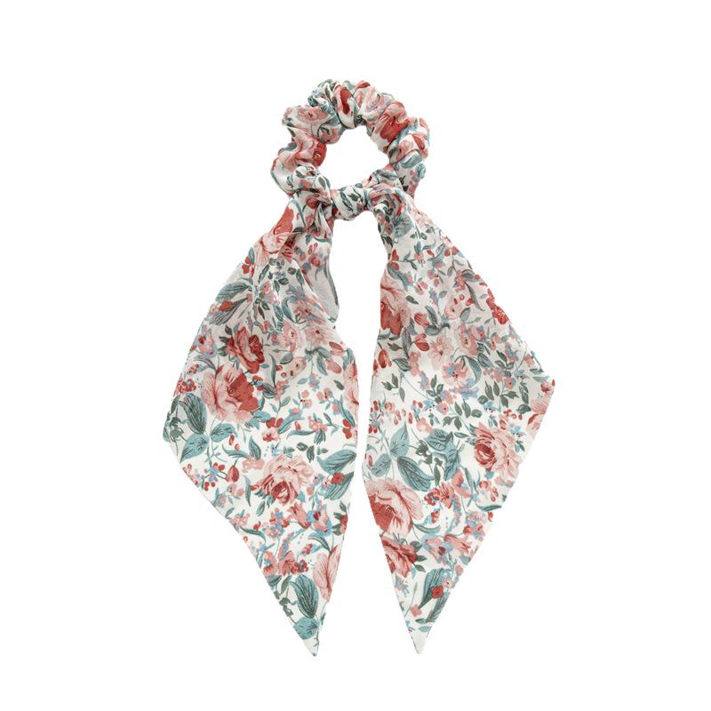 Summer Silk Scarf with Floral Pattern, Small and Fresh Hair Band, Big Hair Ring, Women's Hair Tie, Butterfly Knot, Flowing Ribbon