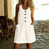  European and American New Women's Dress Fashionable and Casual Solid Color Button U-neck Sleeveless Imitation Hemp Dress, Women