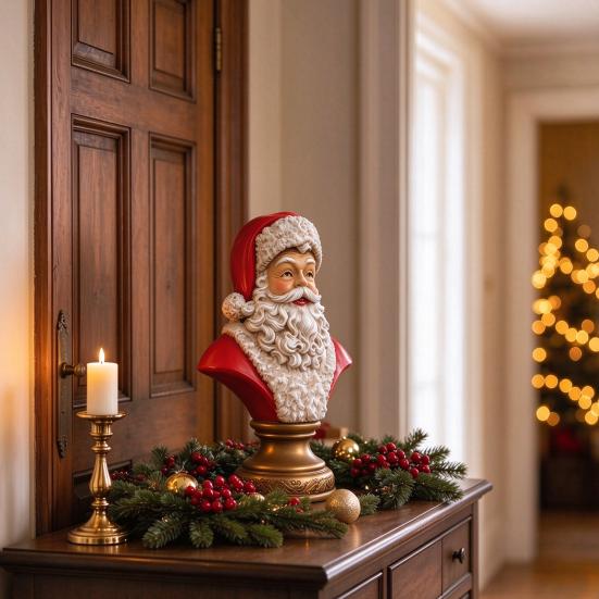 Pevná pryskyřice Vánoční dekorace Santa Claus Busta Soška, Hlava s Vintage Zlatou Uměleckou Soškou pro Sváteční Displej Základna, Stolní Figurka, Krbová Polička