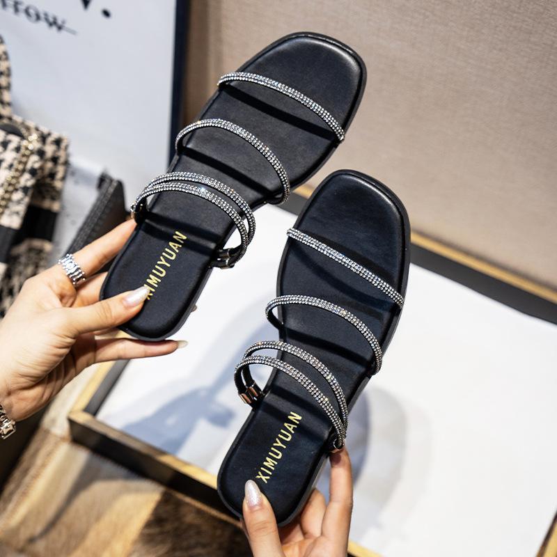 Mode Kristall Schmalband Flache Sandalen Damen Zwei Tragevarianten Sommer Pantoletten Partyschuhe Bling Riemen Gladiator Sandalen Frau Große Größe 43