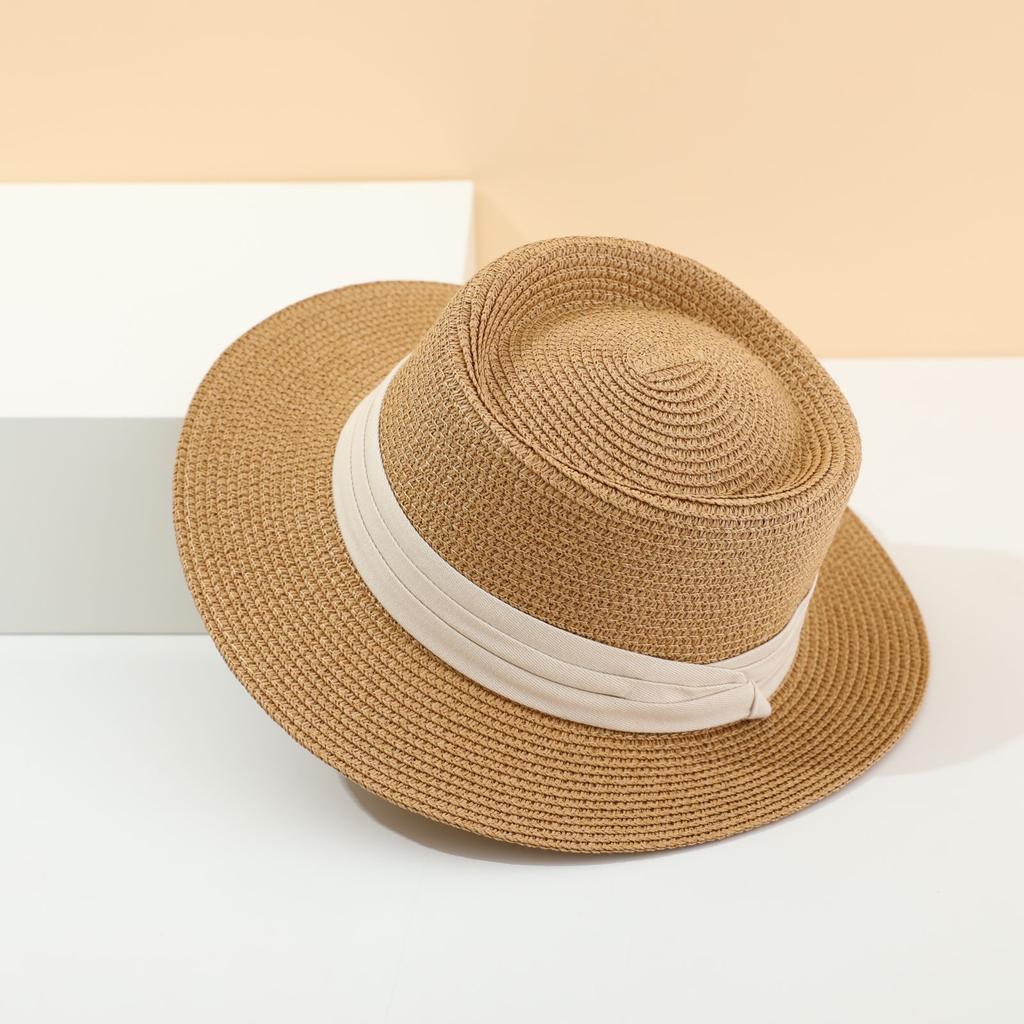 Women British Retro Concave Round Sun Casual Beach Straw Hat With Cotton Ribbon Band