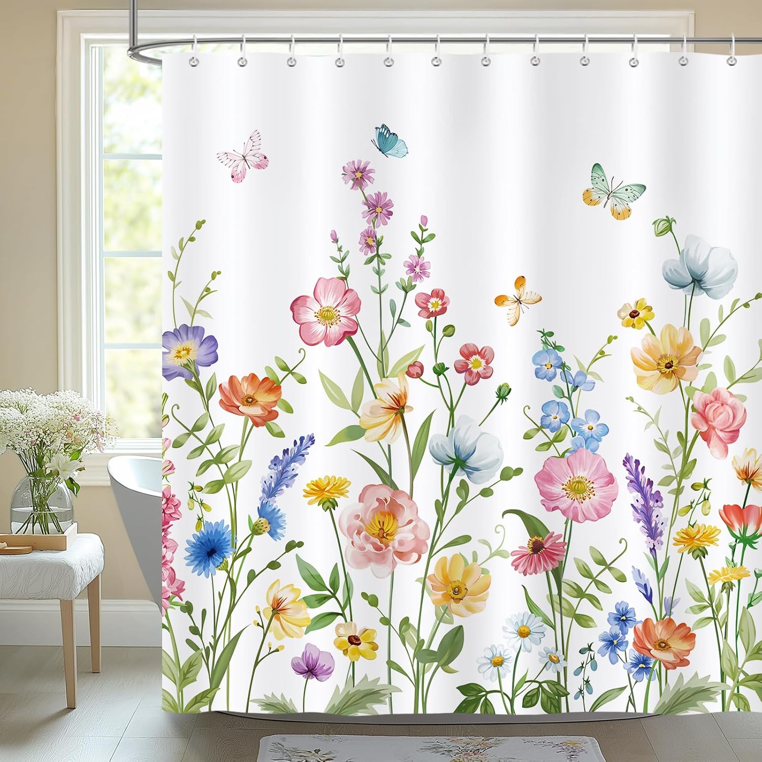 

Boho Floral Hummingbirds Shower Curtain Butterfly Flower Plants Leaves Bird Modern Bathroom Decor Fabric Bath Curtain with Hooks 35x70inch-90x180cm