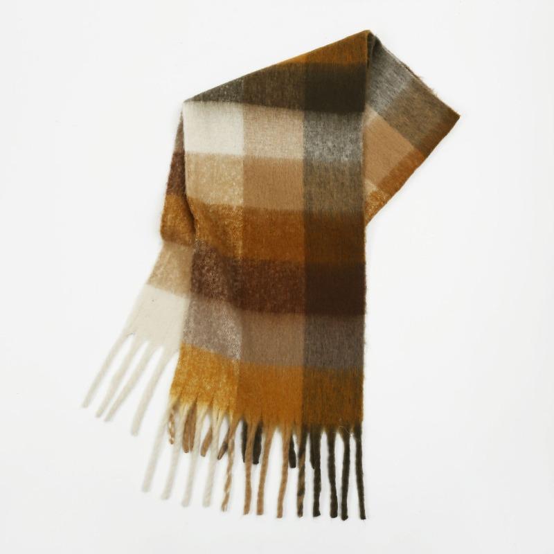 High-end color matching mohair scarf women's autumn and winter warmth thickened versatile plaid tassel