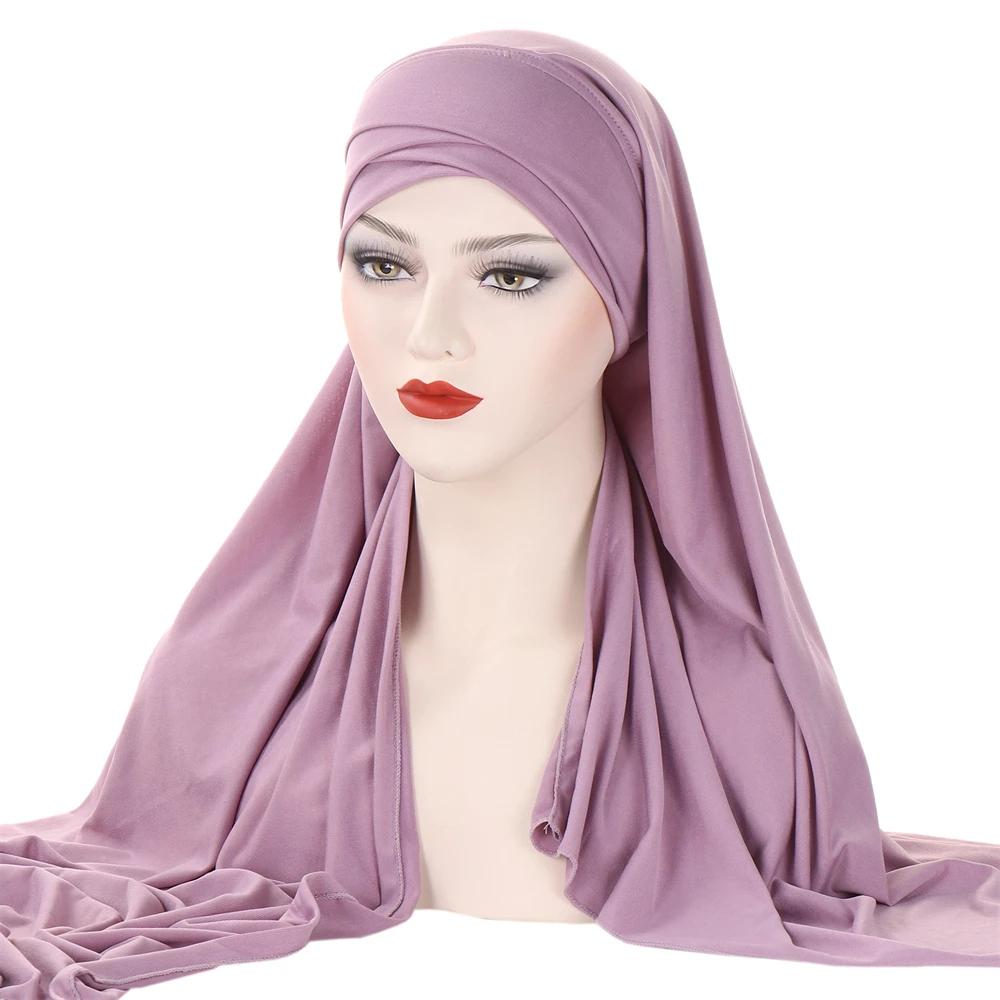 Muslim Women Long Scarf Pull On Ready Wear Instant Hijab Chemo Cap One Piece Amira Head Wrap Turban Femme Shawl Bandanas Scarves