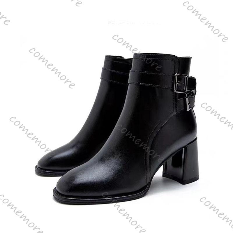 Fashion Comemore Temperament Fashion Women Boots Black High Heel Round Toe Ankle Boots for Women Autumn Winter Belt Buckle Short Booties