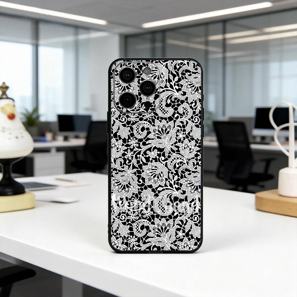 

Beautful Black l-lace print Phone Case For iPhone 17,16,15,14,13,12,11 Plus,Pro Max,XS,Soft Silicone Black Cover iPhone16plus