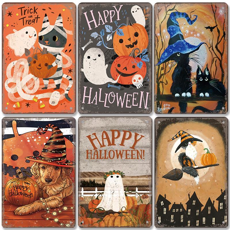 Happy Halloween Retro Poster Metal Plate Jack-O-Lantern Black Cat Witch Metal Tin Signs Vintage Halloween Party Living Room Home