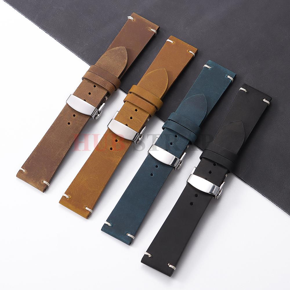 18/20/21/22/24mm Crazy Horse Cowhide Strap for Omega for Wrist Bracelet for Seiko Vintage Leather Watch Band Butterfly Buckle