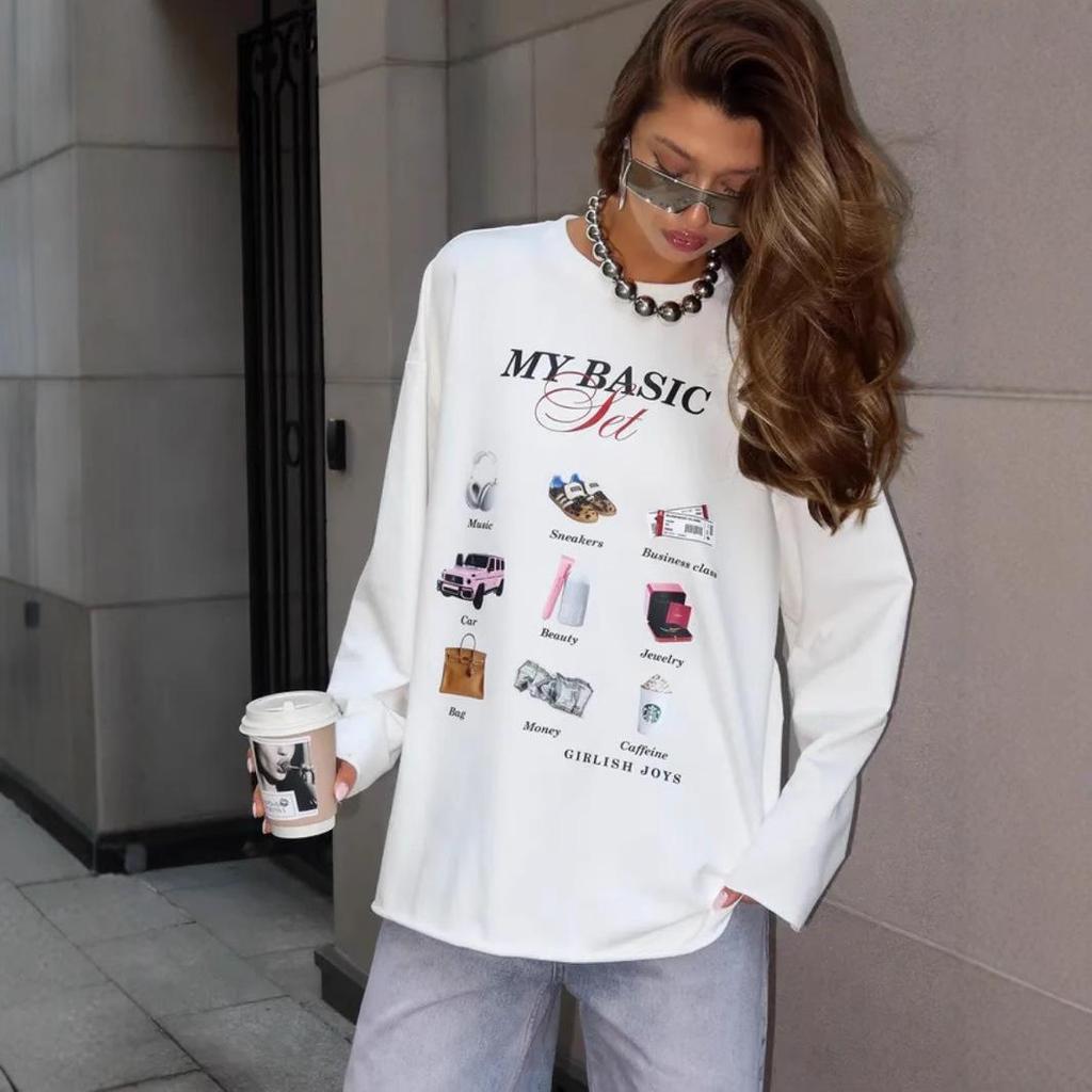 Autumn Cotton Long-Sleeve Tee: European & American Style, Fun Print, Age-Reducing, Trendy & All-Match