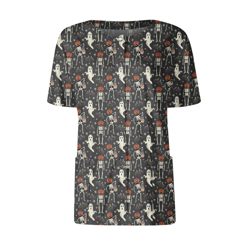 Women's Short Sleeved Patterned Pockets, Work Print Stand Up Collar, Single Breasted Protective Clothing, Cardigan Jacket, Top