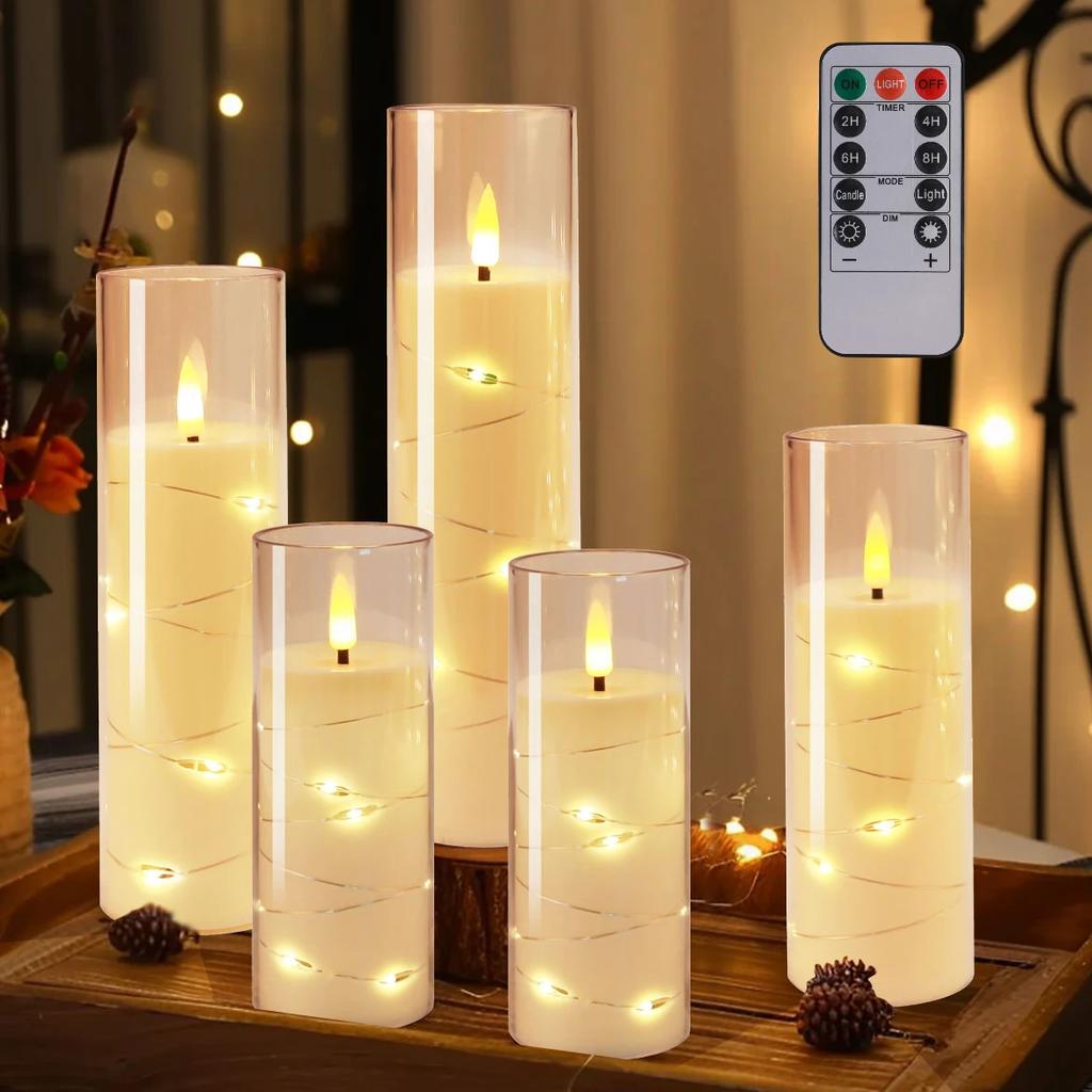 5Pc Flameless Flickering LED Candles with Timer Remote Control Embedded Star String 14/16/18/20CM Tealight Set Candles Lighting