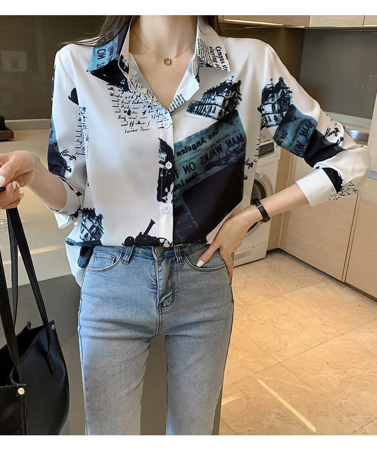 Fairy Stone Long Sleeve Chiffon Blouse with Letter Size Women's Print, V-Neck, Casual/Formal, B-24 (White, M)