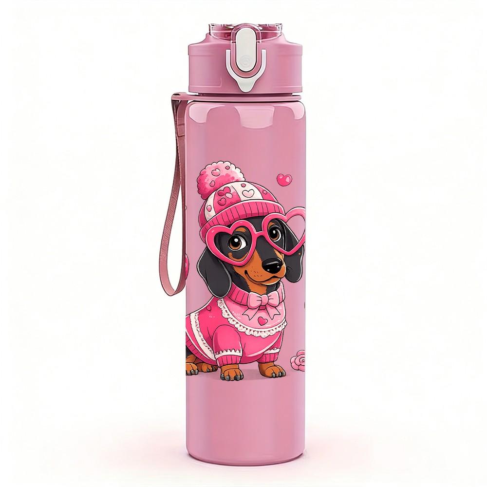1PC Dachshund Dog With Pink Bow Print 750ml Color Plastic Sports Water Bottle Leakproof Flip Straw Lid Suitable for Sports Office Home Use