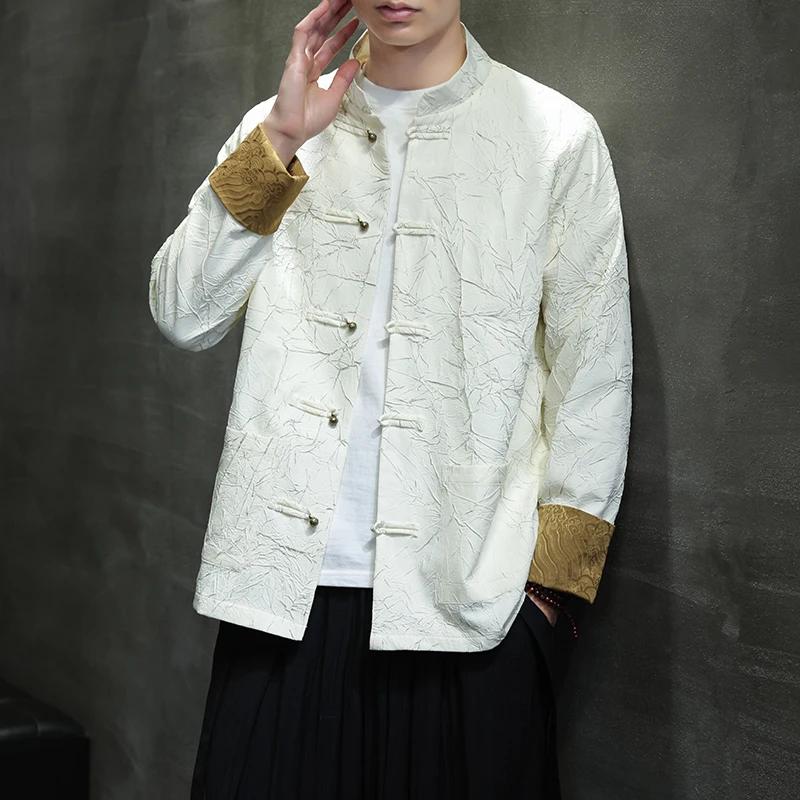 Men Retro Jacket Man Chinese Style Stand Collar Coats Male Copper Button Tang Suit Mens Youth Large Size Hanfu Vintage Outerwear