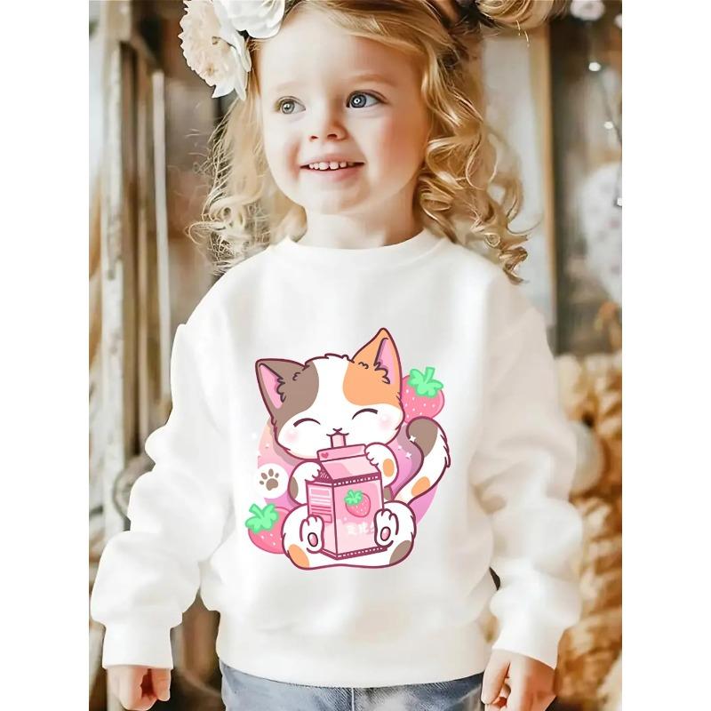 Crewneck Sweatshirt for Girls Featuring an Adorable Cat And Strawberry Milk Design, Machine Washable, Suitable for Spring And Autumn