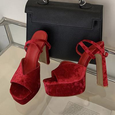 Fashion Liyke Summer Red Corduroy Chunky Platform Shoes Women Sexy Square Toe Super High Heels Sandal Woman Wedding Banquet Shoe Size 42