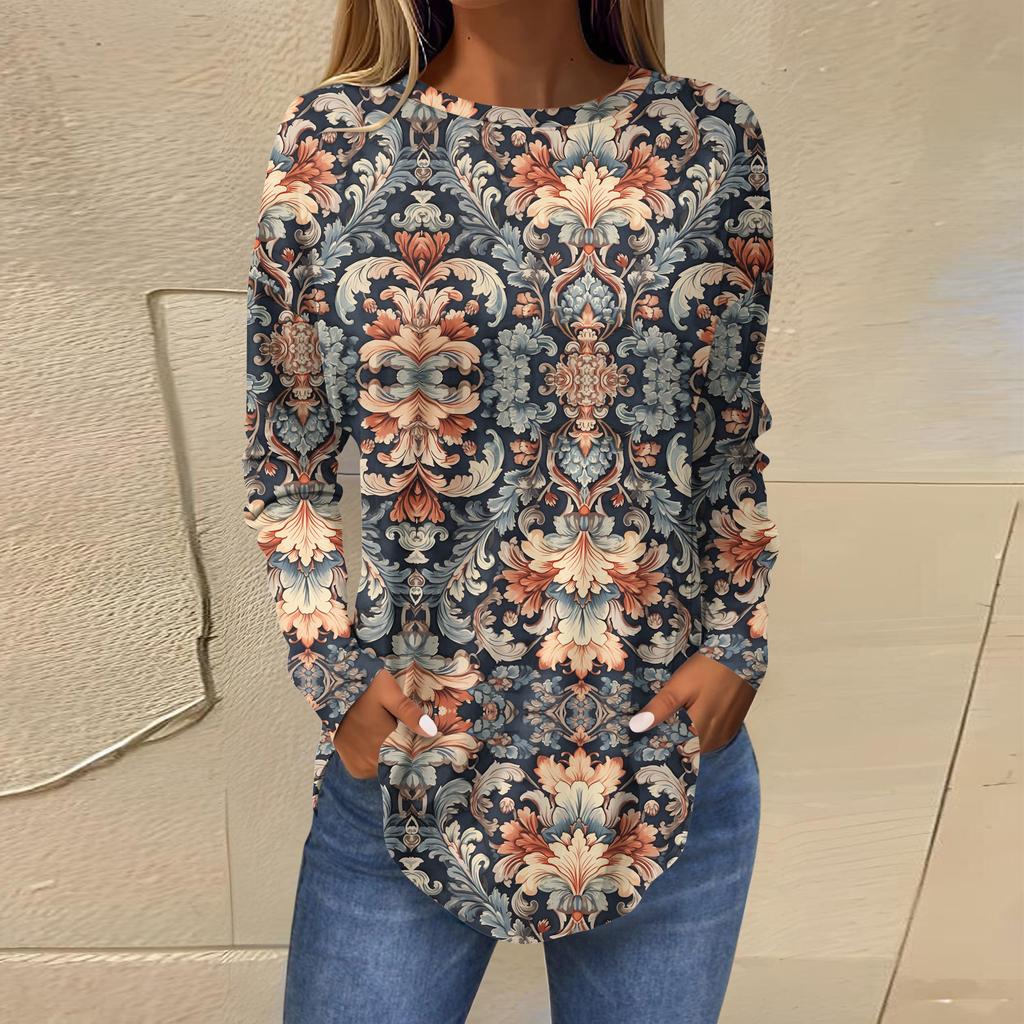 Shirts For Women Cute  Vintage Pattern Print T-Shirt Long Sleeve Tunic Tops Cotton Pullovers