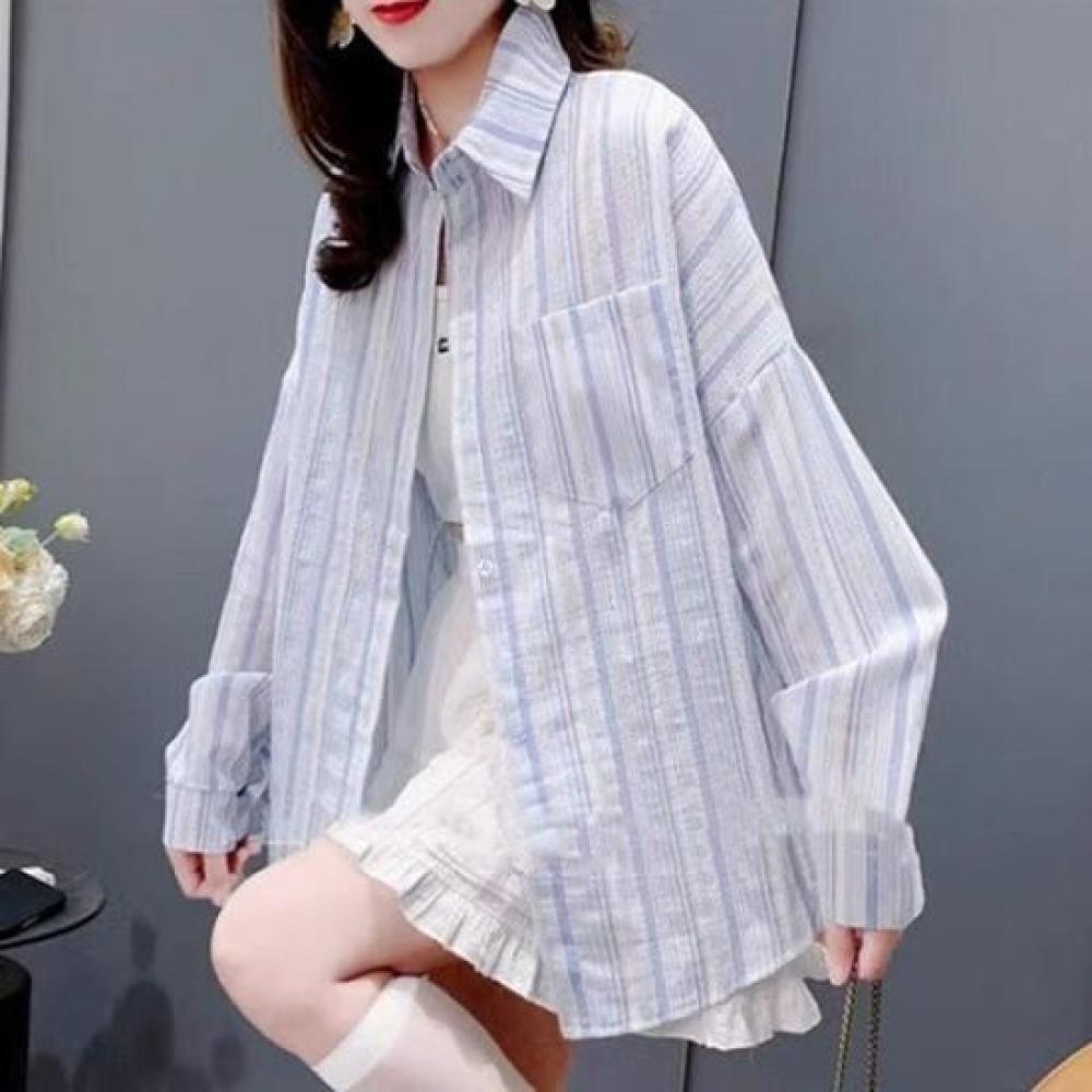 Navava Women Seersucker Stripe Long Sleeve Shirt Nb2656