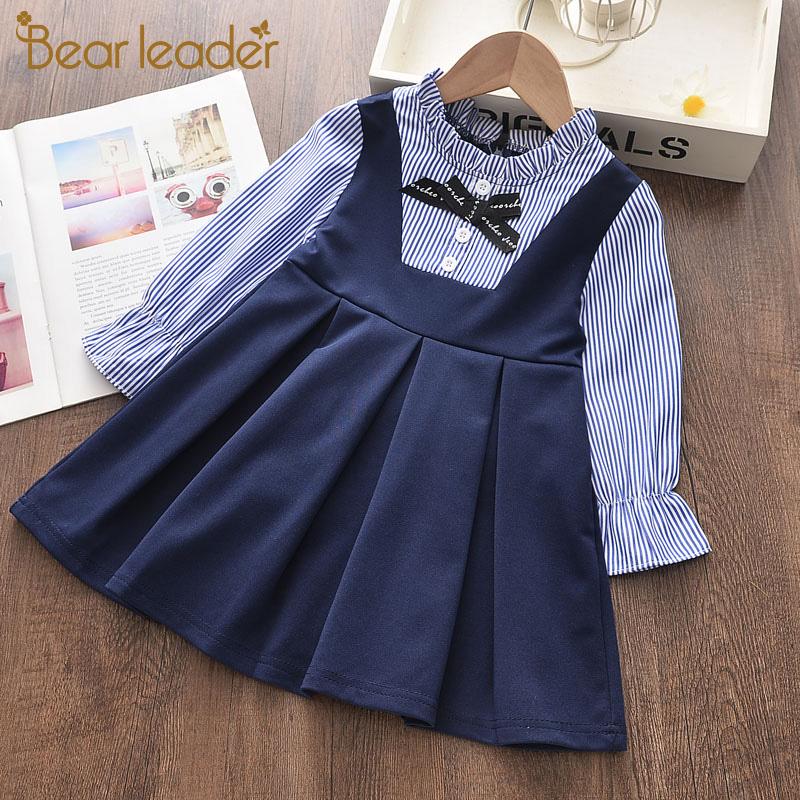 

Медведь Лидер Повседневные девушки Платья с длинными рукавами Детская девочка Платье Полосатая принцесса Платье Мода Лук Девушка Детская одежда