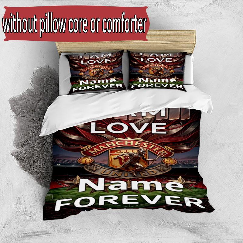 3pcs Duvet Cover Set (1*Duvet Cover + 2*Pillowcase, Without Core), Custom Name Manchester United Pattern Bedding Set, Home Bedroom Decor Gift