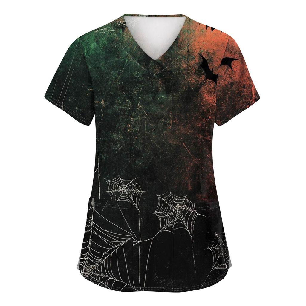 Women's Fashion V-neck Short-sleeved Work Uniform With Pockets, Halloween Print Top