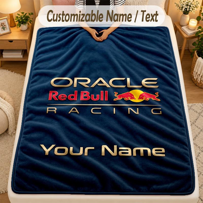 Flannel BlanketRed Bull Racing Custom Name Text Personalized Soft Warm Throw Blanket Home Decor Gift