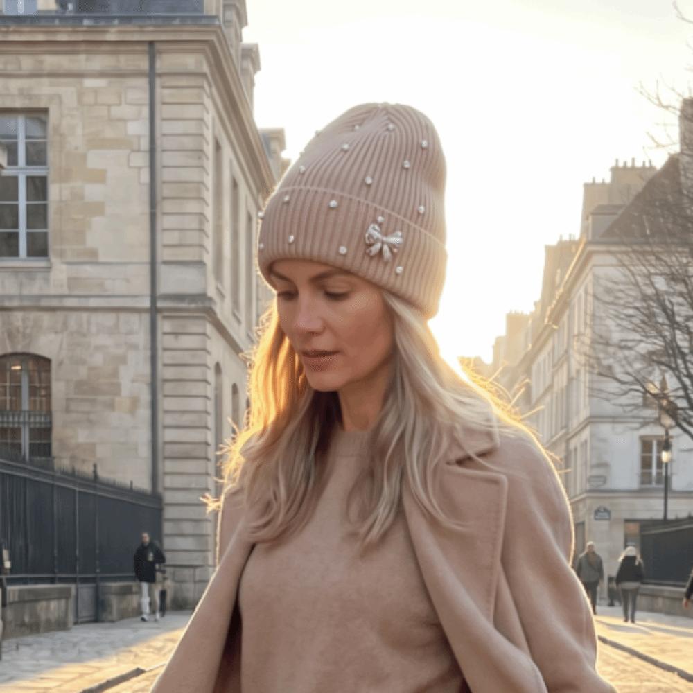 Solid Color Crystal Pearl Bow Beanie Warm Pullover Hat Fashion Knit Hat Outdoor