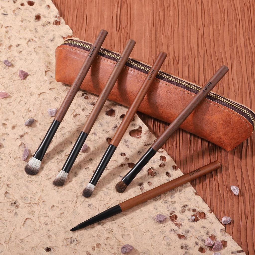 EDTRE Nylon High Quality Animal Hair Walnut Wood Makeup Brush Eyeshadow Brush Eye Makeup Brush Set of 5 with Makeup Pouch Portable Gift Brush
