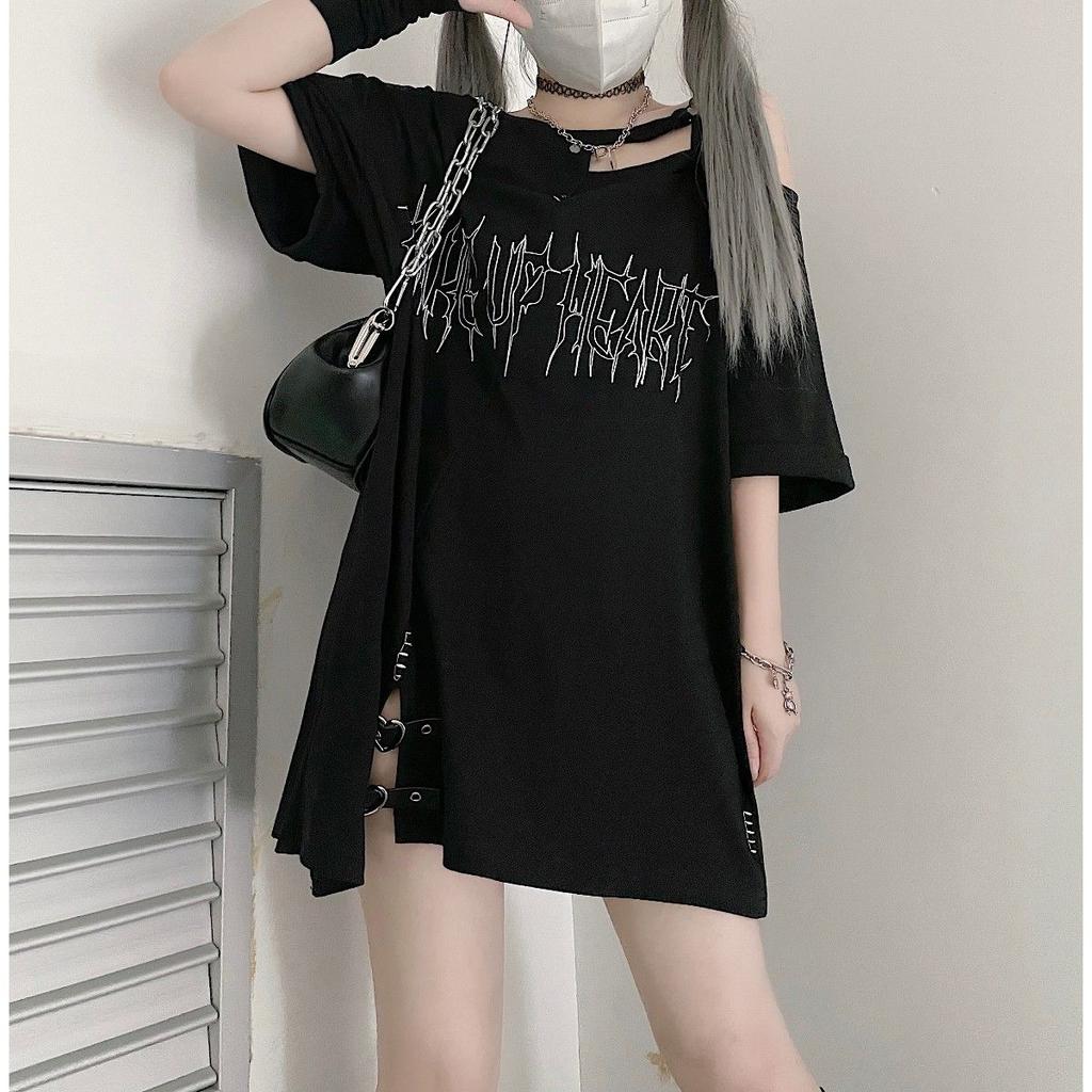 Camisetas Punk Y2k para Chica con Estampado de Letras y Hombros Descubiertos para Mujer Casual Street Negro Gótico Camiseta Estética Streetwear Harajuku