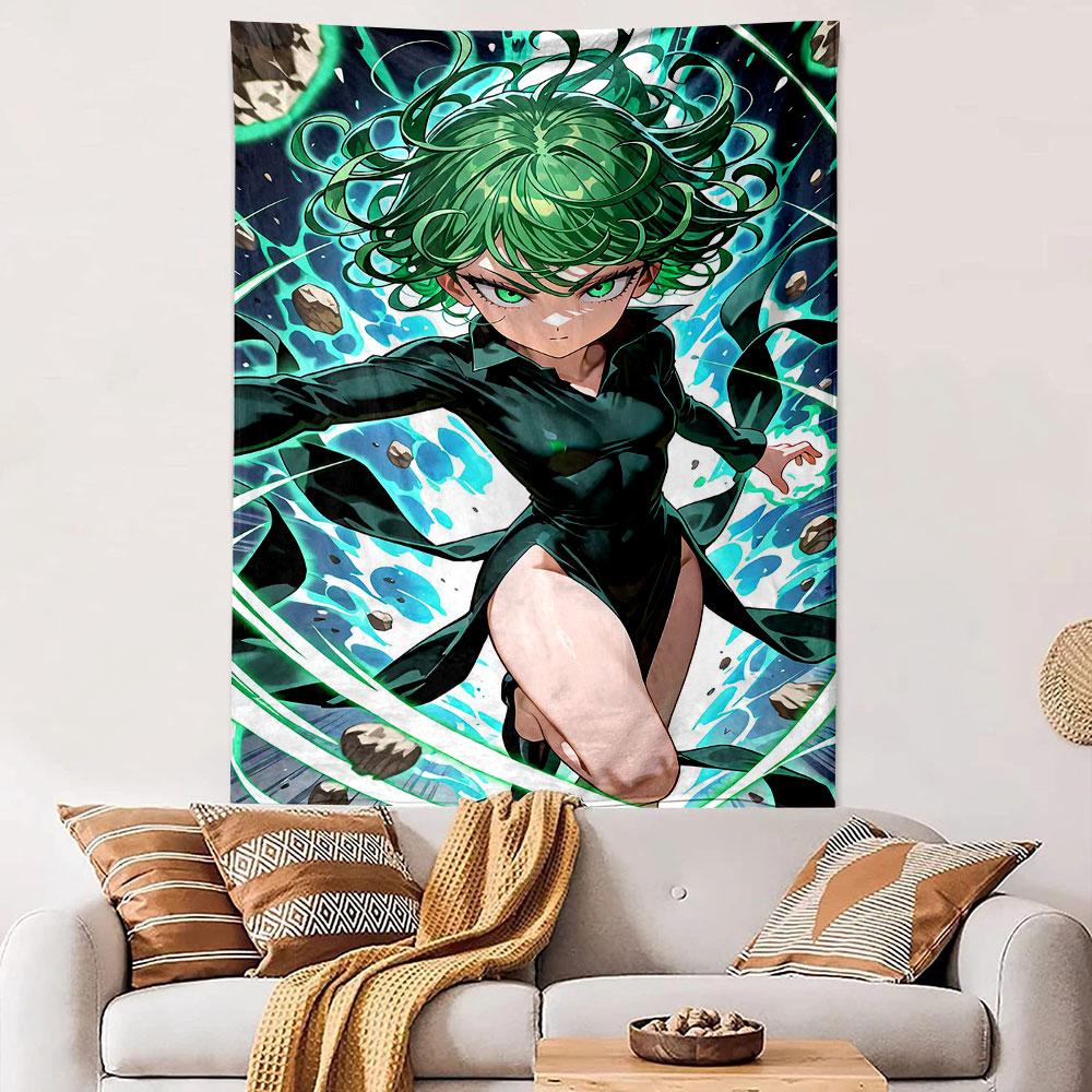 "Green-Haired Anime Heroine in Action" Patterned tapestry home decor, suitable for bedroom and living room, gift