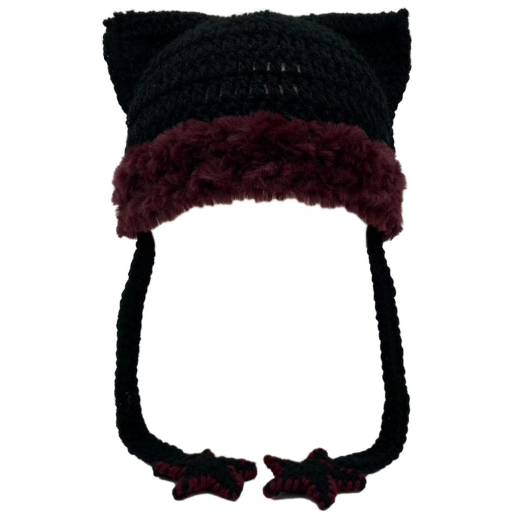 Cartoon Kitten Hat Girls Headgear for Outdoors Activities Skiing with Mini Ears Crocheted Beanie for Skiing Camping