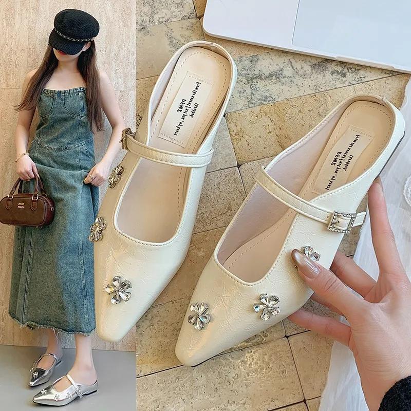 Fashion New Spring French Rhinestone Mary Jane Half Slippers Block Heel Women's Shoes Baotou Cold Slippers Korean Edition Single Shoes