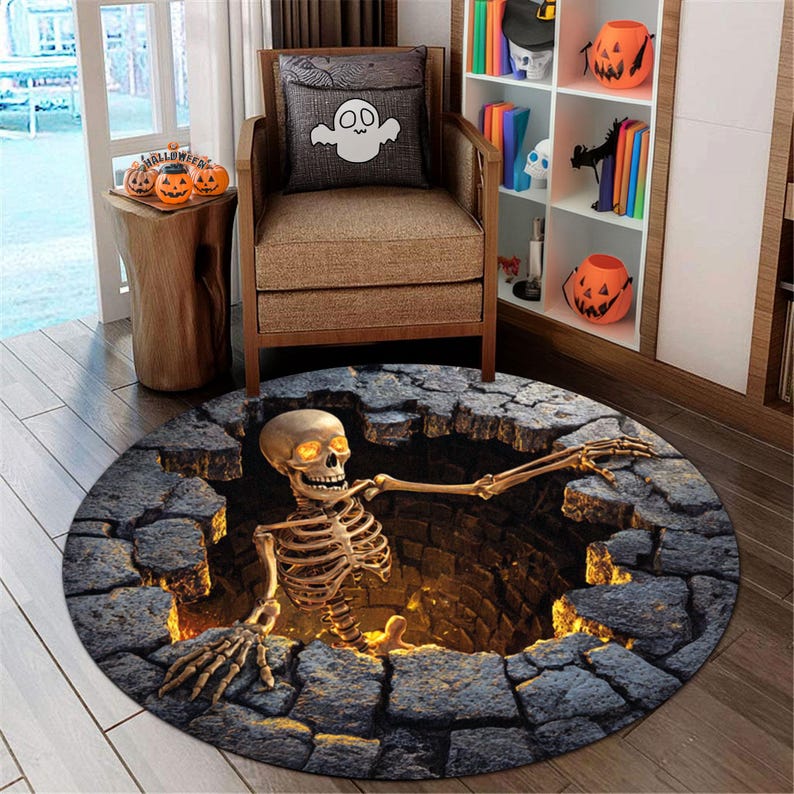 Printed 3d Effect Skeleton Illusion Round Rug, Creepy Realistic Bone Floor Mat for Halloween Haunted House Party Decor