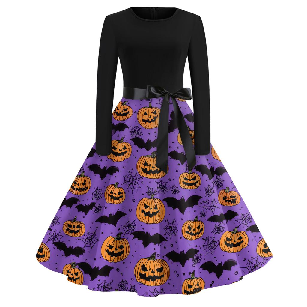 Women's Casual Halloween Print Round Neck Vintage Dress Long Sleeve Fit and Flare Midi Dress with Waist Tie for Seasonal Occasion