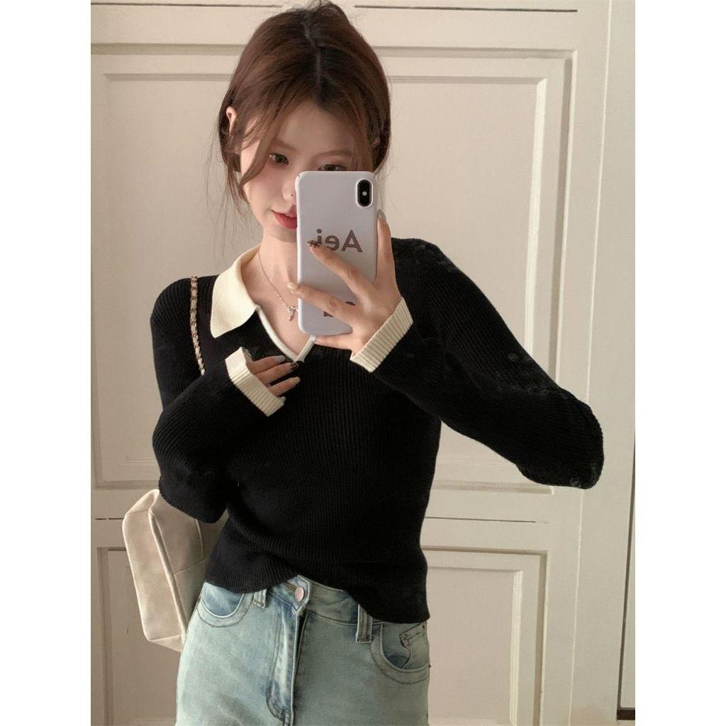 Korean Color Block Polo Collar Long Sleeve Sweater for Women - Winter Slim Fit Base Layer