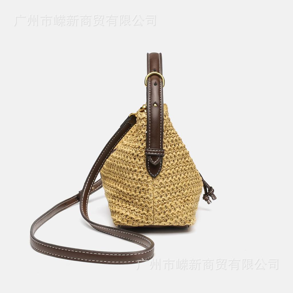 Z Home Summer Mini Retro Handmade Straw Bag Versatile Commuter Portable Crossbody Zipper Bucket Bag