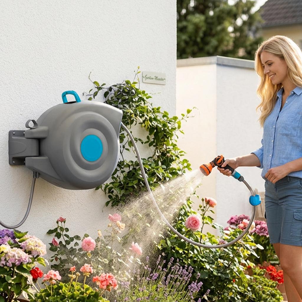 30m Automatic Garden Hose Reel Wall-Mounted, 9-Way Spray Gun, UV-Resistant, Frost-Resistant, 180° Swiveling – incl. Wall Bracket & Mounting Material
