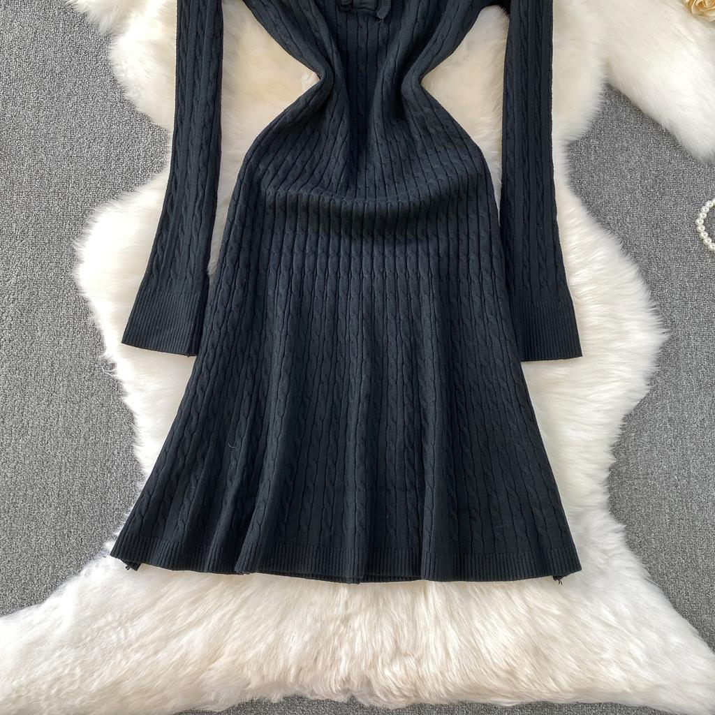 Autumn Winter High Waist Polo Knitted Umbrella Dresses  New Long Sleeve Casual Loose Sweater A-line Dresses Female